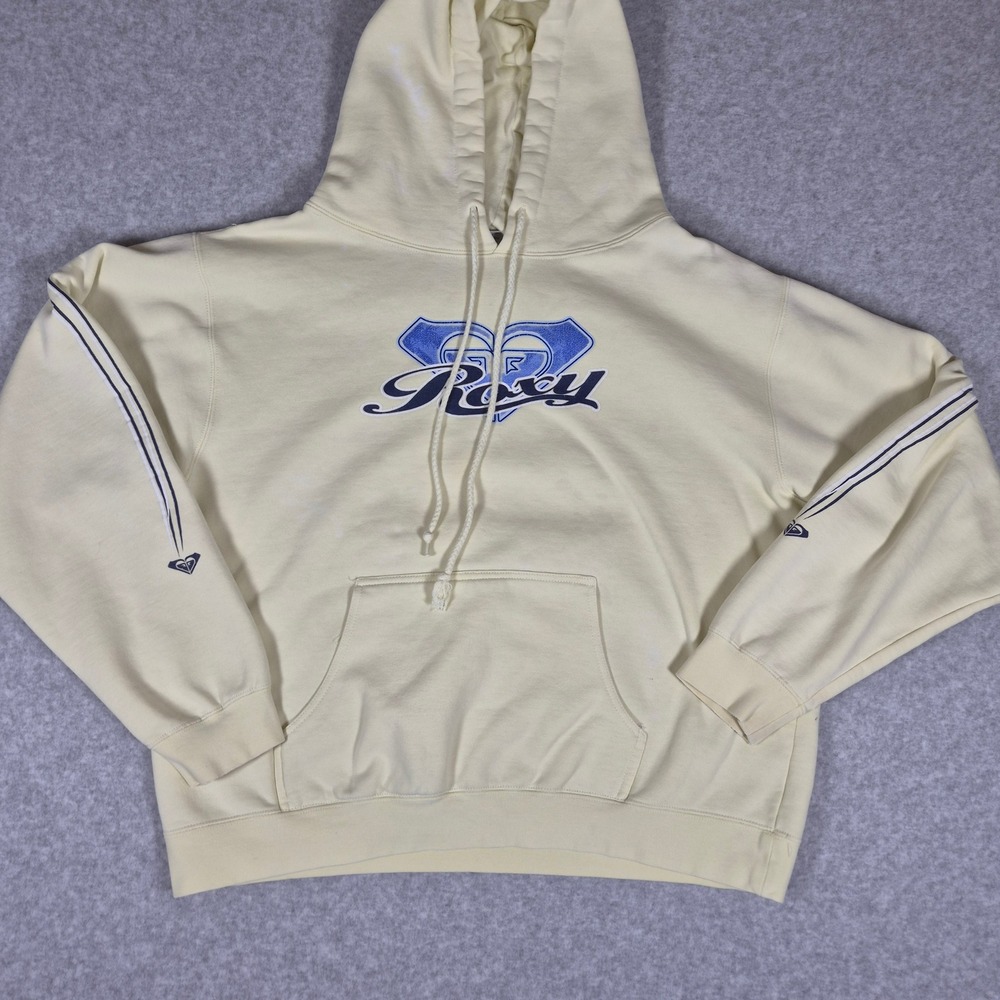 Roxy Hoodie Womens Medium Cream Blue Logo Y2K Surf Pullover Striped Sleeve